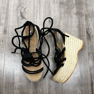 Free People Sandal Platform Wedge Espadrille Black Strappy Wrap Up Size 38 (8)